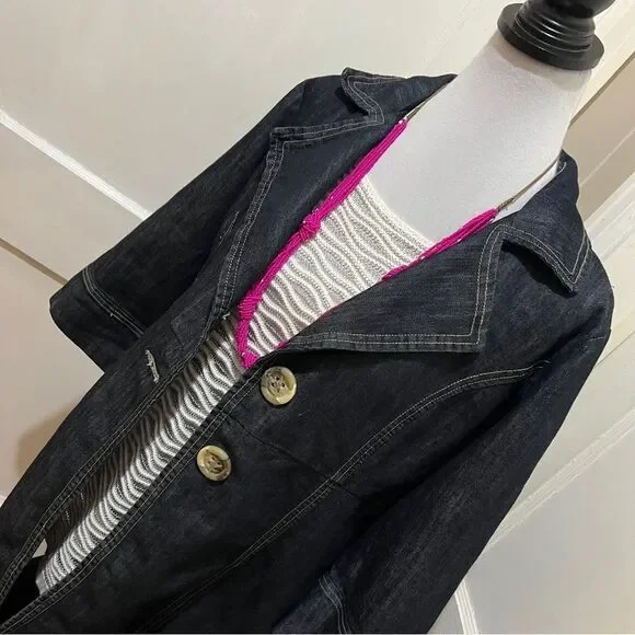 Baccini Spring 3/4 Sleeve Tunic Length Jean Jacket Dark Wash Light Women's L - Picture 2 of 14